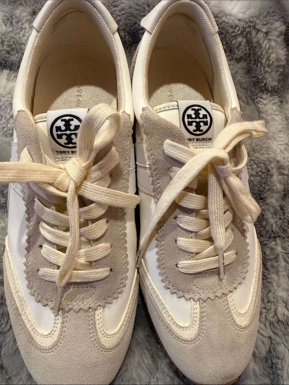 Tory Burch Cream and White Suede-Trim Sneakers - Picture 2 of 5